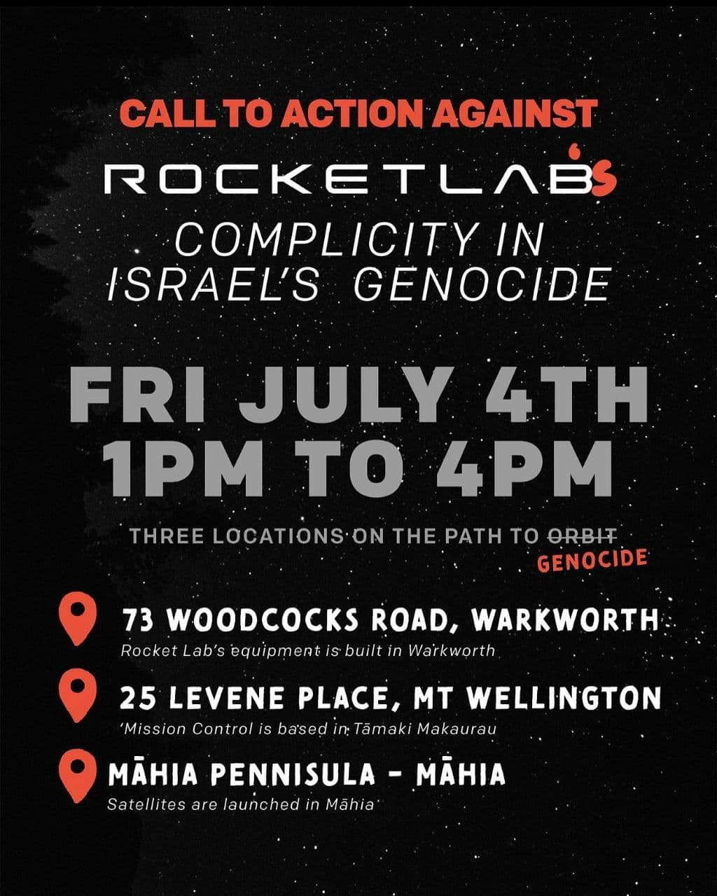 ROCKET LAB IS COMPLICIT IN GENOCIDE (25 LEVENE PLACE, MT WELLINGTON)
