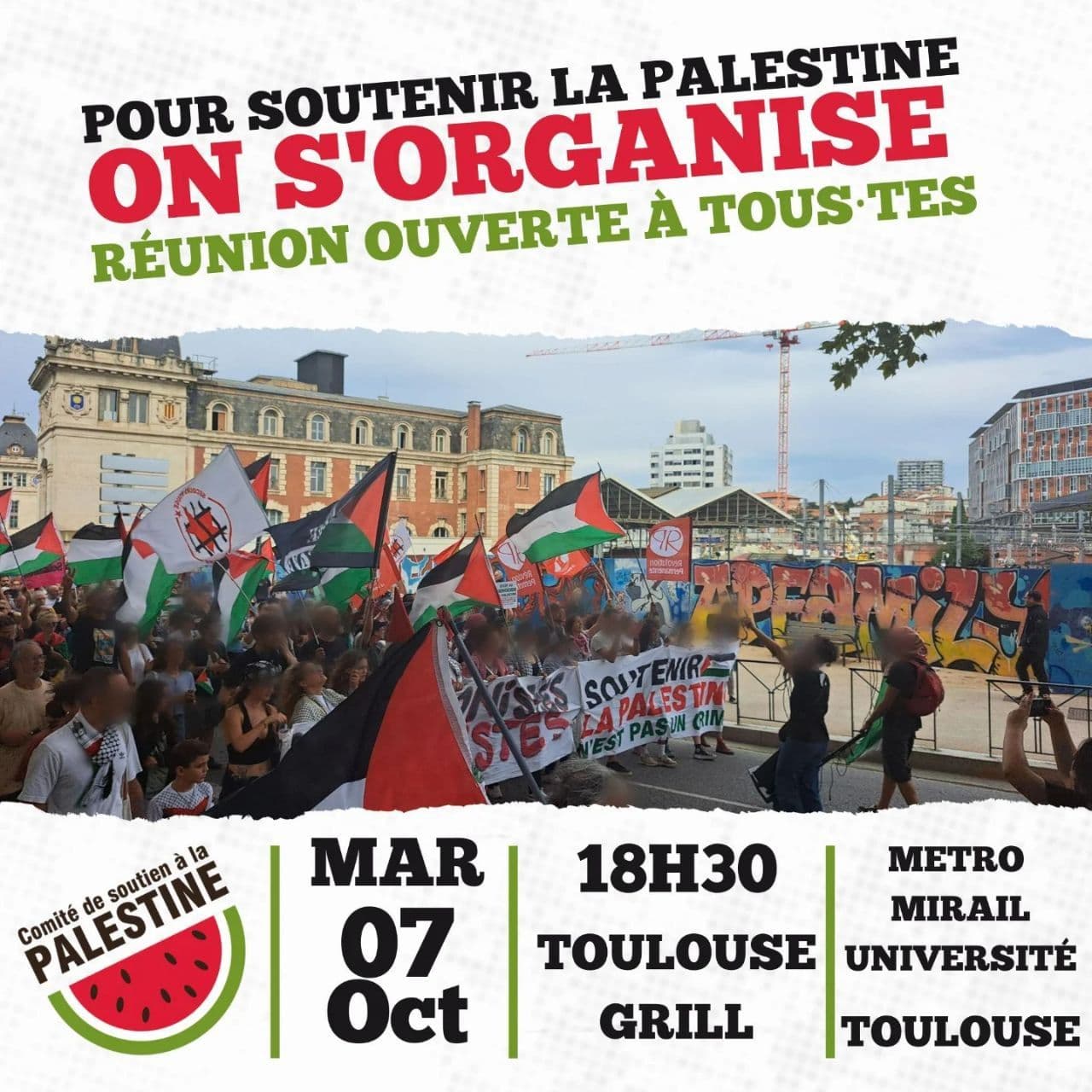POUR SOUTENIR LA PALESTINE ON S'ORGANISE RÉUNION OUVERTE À TOUS TES