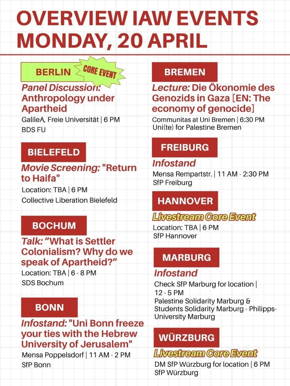 OVERVIEW IAW EVENTS MONDAY / Bonn