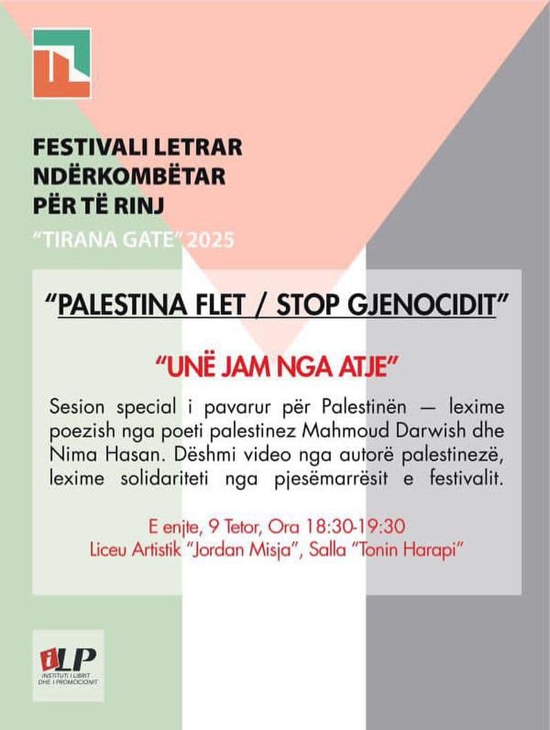 "PALESTINA FLET / STOP GJENOCIDIT" "UNË JAM NGA ATJE"