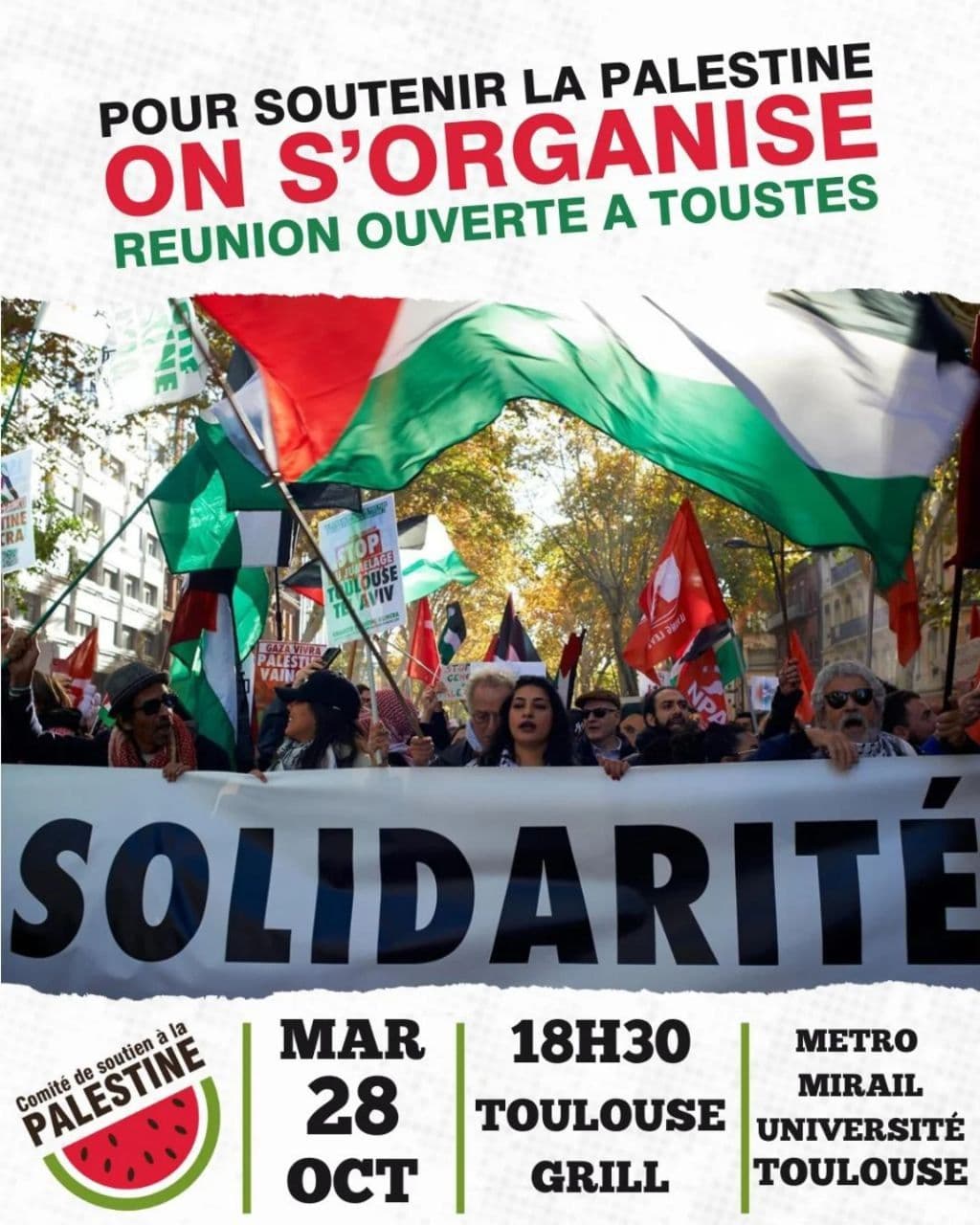 POUR SOUTENIR LA PALESTINE ON S'ORGANISE REUNION OUVERTE A TOUSTES