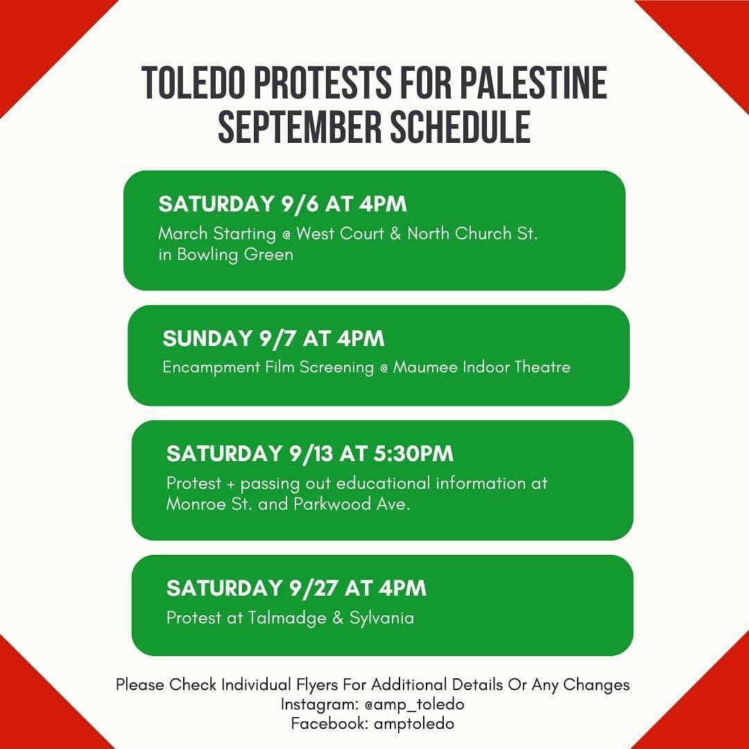 TOLEDO PROTESTS FOR PALESTINE SEPTEMBER SCHEDULE (Protest + passing out educational)