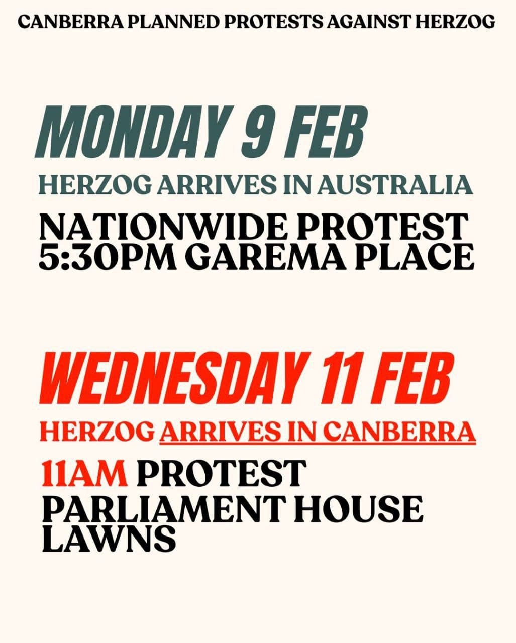 HERZOG ARRIVES IN AUSTRALIA