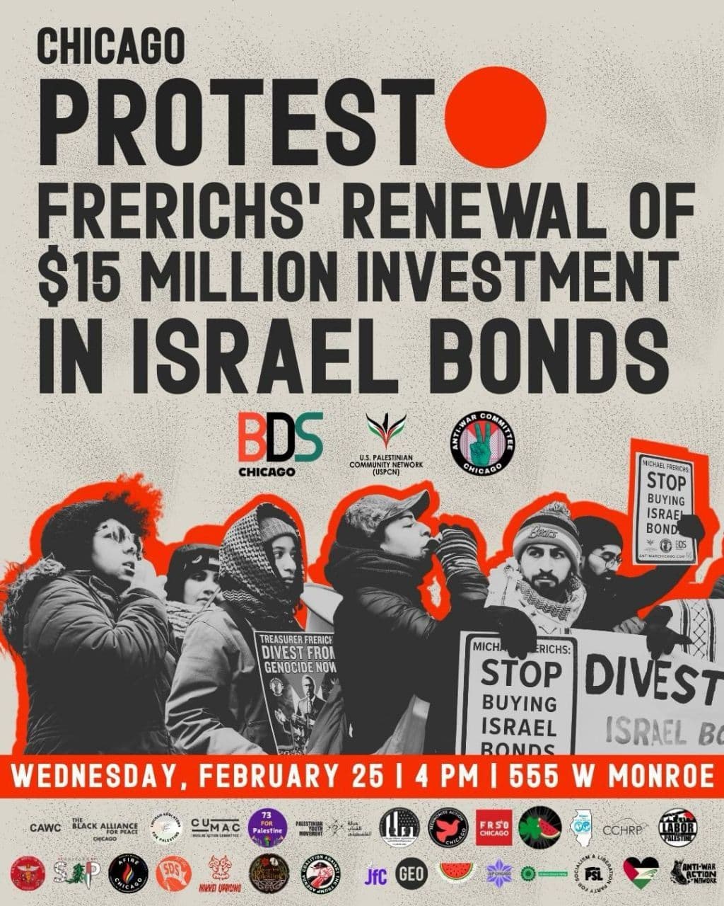 CHICAGO PROTEST FRERICHS' RENEWAL OF $15 MILLION INVESTMENT IN ISRAEL BONDS