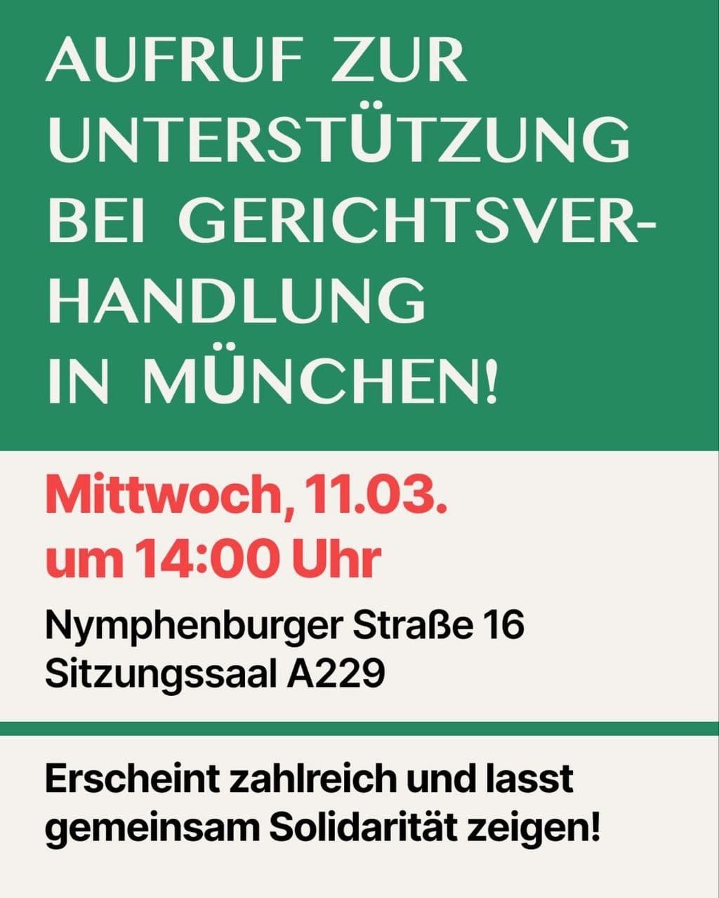 AUFRUF ZUR UNTERSTÜTZUNG BEI GERICHTSVER-HANDLUNG IN MÜNCHEN!