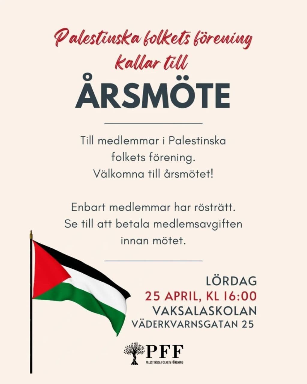Palestinska folkets förening Kallar till ARSMÖTE