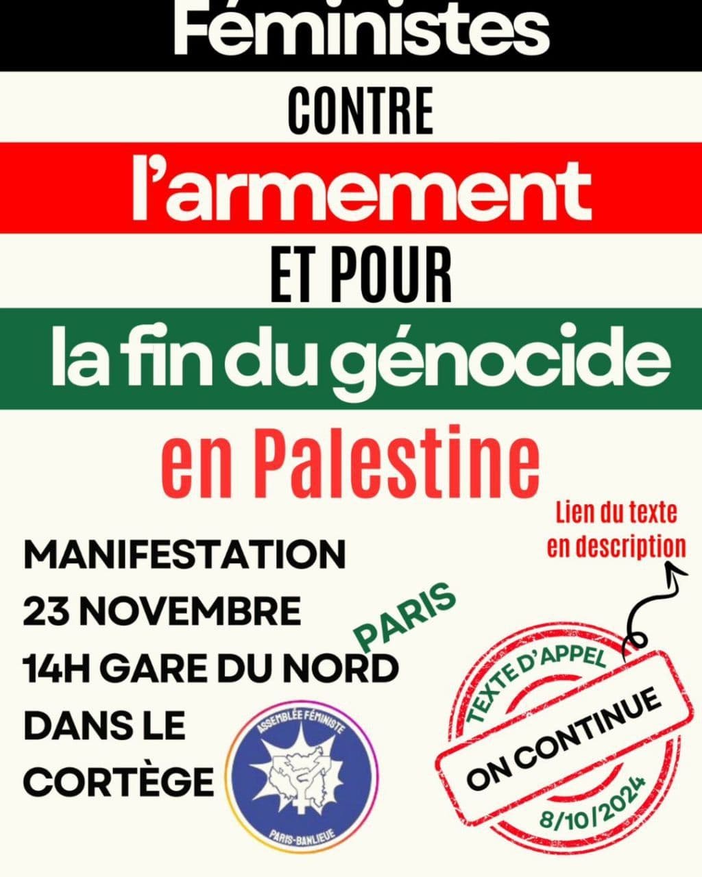 Féministes CONTRE l'armement ET POUR la fin du génocide en Palestine