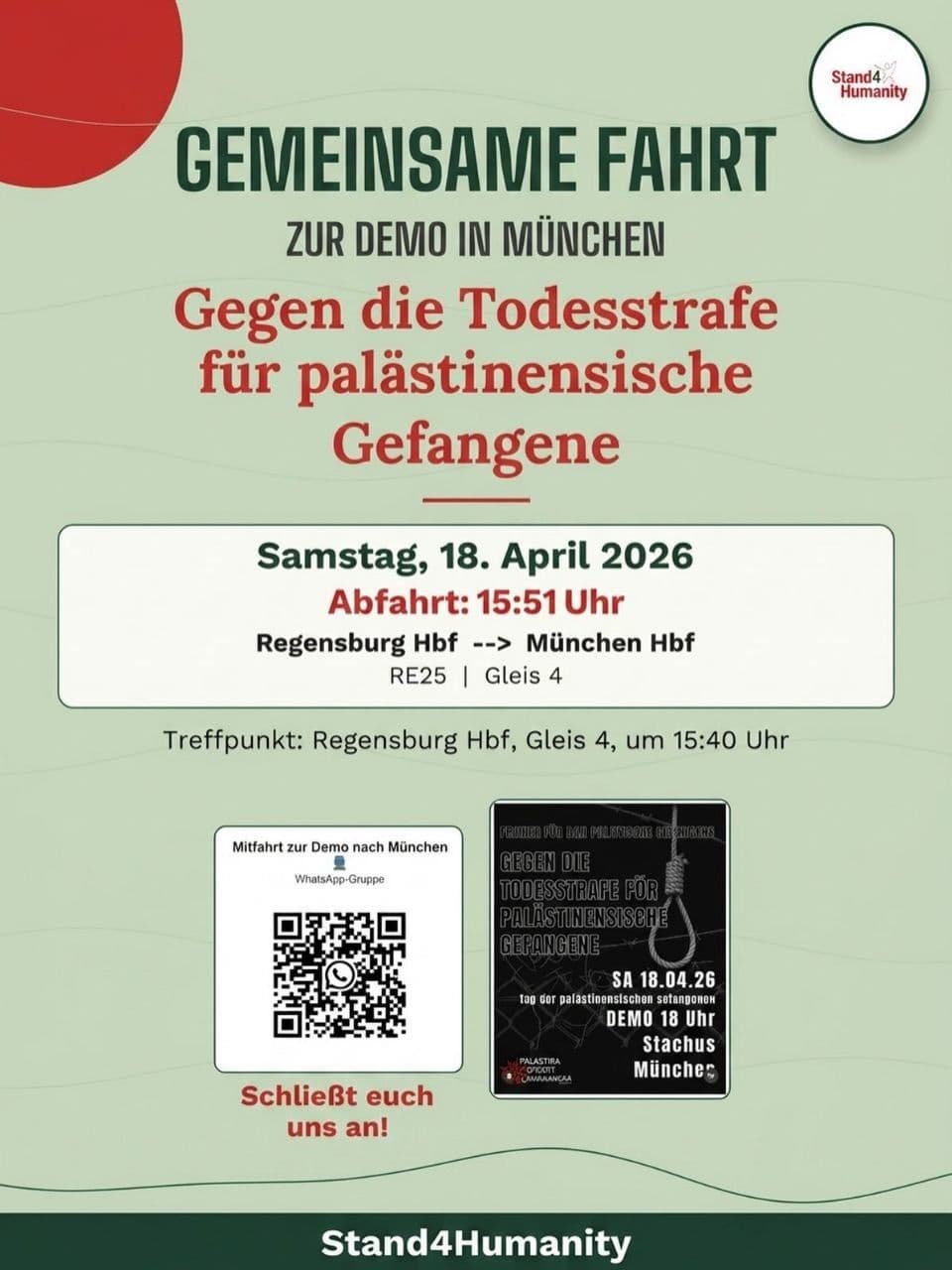 GEMEINSAME FAHRT ZUR DEMO IN MÜNCHEN Gegen die Todesstrafe für palästinensische Gefangene