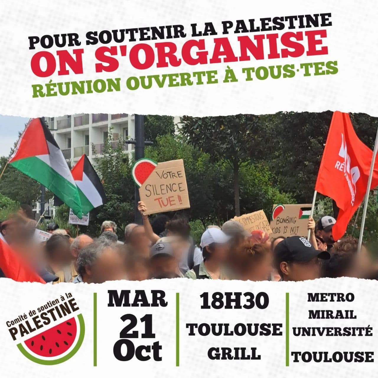 POUR SOUTENIR LA PALESTINE ON S'ORGANISE RÉUNION OUVERTE À TOUS TES
