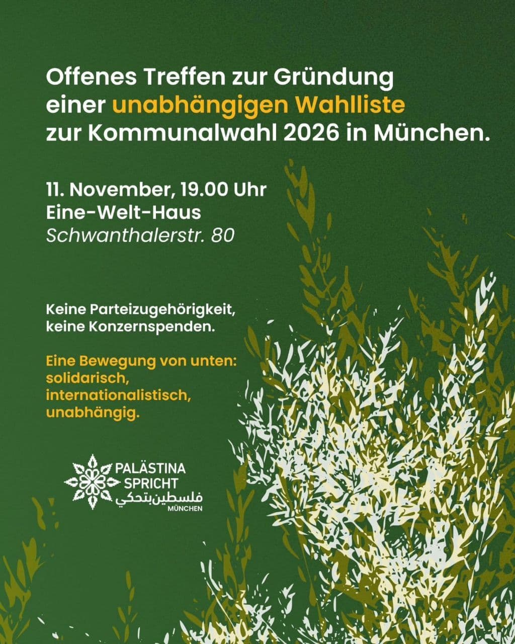 Offenes Treffen zur Gründung einer unabhängigen Wahlliste zur Kommunalwahl 2026 in München.