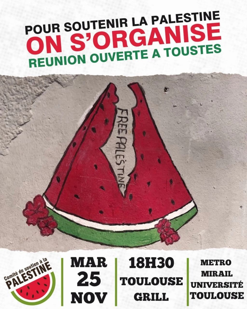 POUR SOUTENIR LA PALESTINE ON S'ORGANISE REUNION OUVERTE A TOUSTES