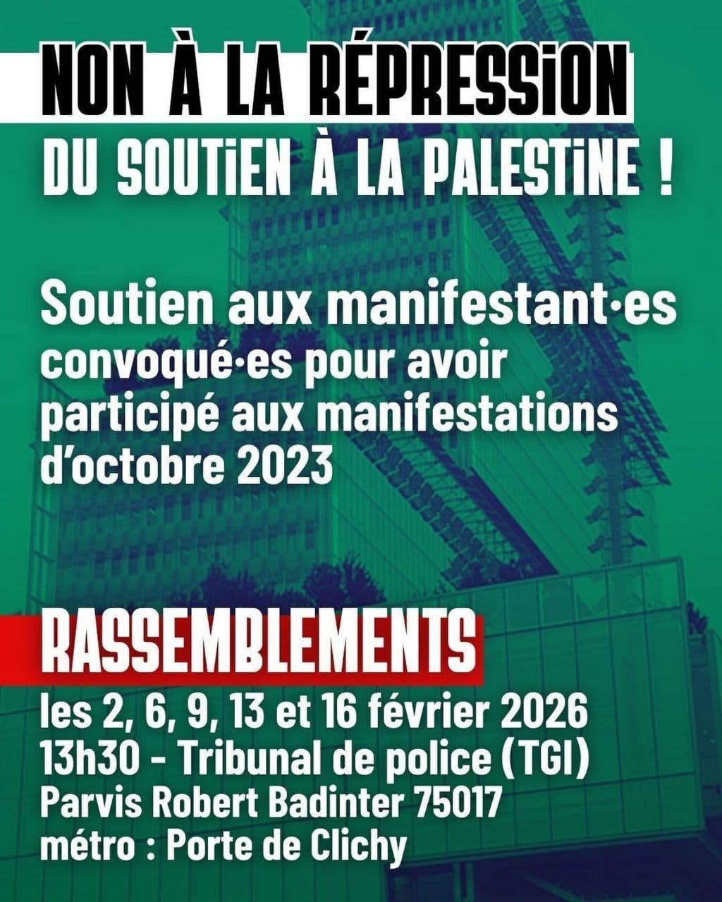 NON À LA REPRESSION DU SOUTIEN À LA PALESTINE!